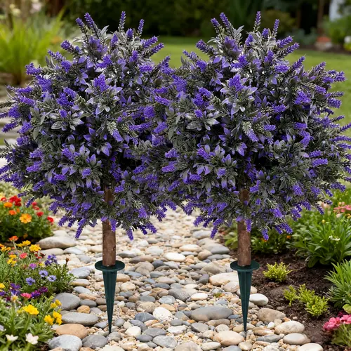 Indoor Outdoor Decorative 2-Piece House Decor Set - 24" Artificial Lavender Topiary Ball Tree with Ground Spike, Artificial Boxwood Shrub, Lifelike Fake Plant, UV-Resistant, Fade-Proof, for Porch Entryway Decor