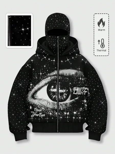 Popular double hood rhinestone street men's zipper hoodie eye print sweatshirt two windproof hoods autumn and winter fleece warm men and women trendy brand Y2K jacket men's jacket cool nightclub rock hip-hop music festival zipper sweatshirt