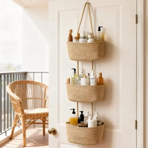3-Tier Woven Cotton Over-the-Door Basket with Gift Hook - Wall-Mounted Jute Storage Organizer for Storage Organization, Decorative Nursery Solution for Busy Parents to Store Diapers, Toys, Laundry