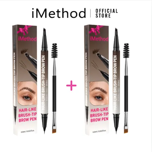 iMethod 2pcs Original 4D Brush Tip Waterproof Brow Enhancing Eyebrow Pen, 2-in-1 Dual-Ended, Natural Strokes for Youth, All Skin Types, Long-Lasting with Safe Ingredients