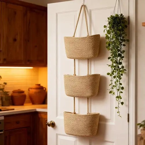 Hanging Over-the-Door Organizer - 3-Tier Woven Cotton Jute Basket, Wall-Mounted Decorative Nursery Caddy, Covered Black Storage Bag for Hair Tools, Dried Flowers, Debris (Decorative & Scratch-Free)
