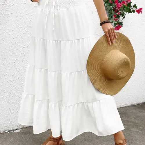 Boho Style Drawstring High Waist Ruffle A-Line Long Dress, Fitted Elasticity Design, Women's Fashion, Womenswear, Chic, Perfect for Casual Wear, Bohemian Maxi Skirt, Boho Skirts, Pleated