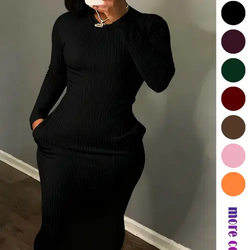 Women's Long Sleeve Elegant Basic Dress with Pocket, Breathable Stretchy Fitted Solid Color Maxi Dress for Party, Casual and Travel, Stylish All-Day Wear, Womenswear