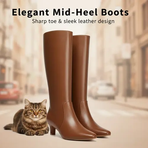 MySoft Women's Black PU Knee-High Party Boots - Square Toe, Kitten Heel, Side Zipper, Breathable Synthetic Fabric, All-Seasons Walking Shoes, Elegant Shoes for Women, Ideal for Dates, Valentine's Day Gifts