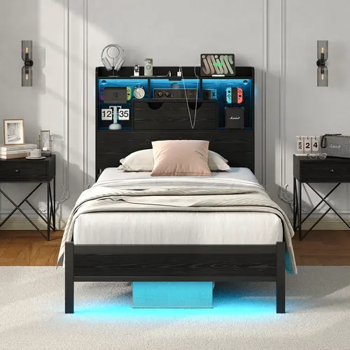 FUSOU RGB Light Bed Frame with Charging Station, Metal LED Platform Bed with Headboard,[FRAME ONLY NO MATTRESS] Storage Space Under Bed, Brightness Adjustable, Heavy Duty, No Box Spring Needed, Black Twin size, Full Size, Queen Size, Led Lights, Queen Bed