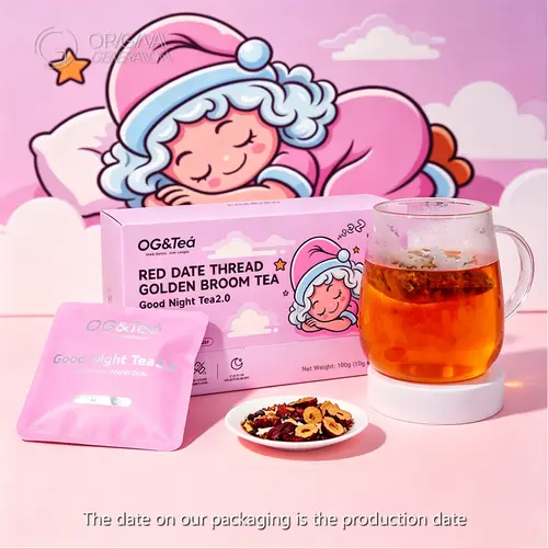 Thea Pre-Packaged Antistress Fruit & Herbal Tea Beverage - Caffeine-Free Good Night Tea, 1 Carton (100g, 10g x 10 Pcs) with Red Date, Broom, Cassia Seed, Yam, Galangal, Orange Peel, Longan, Lily, Licorice Root, Rosemary Leaf