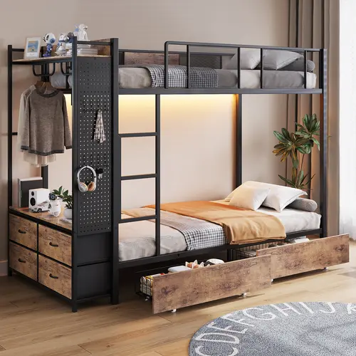 FUSOU RGB Twin Over Twin Metal Bunk Bed Frame with Hall Tree Storage, 6 Drawers, 2 Hanging Rods, Power Outlet, USB Port, 88.6"l x 40.75"w x 66.1"h, Assembly Required, No Mattress/Box Spring Needed, 2 Packages, for Kids Teens, Led Light, Under Bed Storage,