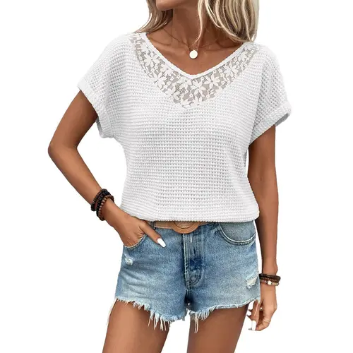 Dokotoo Women's Casual 2026 Waffle Knit Hollow Out Lace Tops Short Sleeve V Neck Loose Fit Shirts Blouses