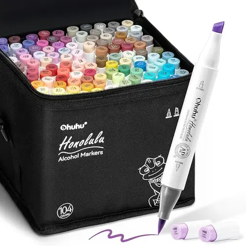 Ohuhu Markers: Dual Tips - 104 Colors / 100 Colors - Double Tipped Alcohol Based Art Marker Set for Artist Adults Coloring Illustration - Acrylic / Alcohol / Sketchbook Series of Ohuhuart- Inventory Clearance