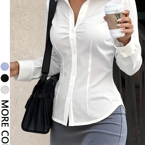 Women's Simple Minimalist Basic Casual Fashion Collared Elegant Versatile Office Fitted Long Sleeve Shirt Collared Top Blouse, Spring & Fall, Plain Pattern, No Ca Prop 65