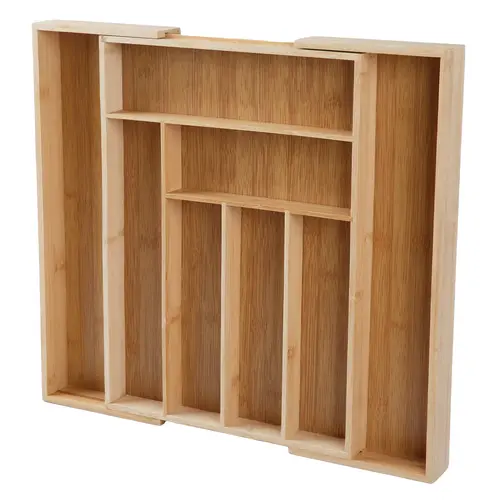 Bamboo Expandable Drawer Organizer with Dividers - Natural Finish Cutlery Tray, Space-Saving Adjustable Home Organizer for Silverware Storage, Elegant Warm Bamboo Kitchen Accessory