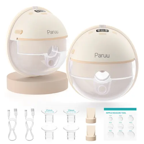 Paruu Hands Free Breast Pump P16, Wearable Breast Pump Electirc Portable with 4 Modes & 12 Levels, Max 309mmHg Strong Suction 19/21/24mm Flange Inserts Wearable Breastfeeding Pump, 2 Pack Pumping System