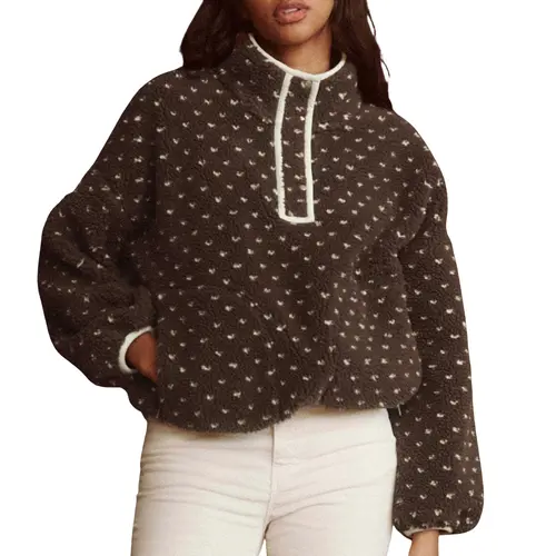 Hixiaohe Women's Cropped High-Neck Fluffy Sherpa Fleece Hoodie - Warm Casual Jacket with Pockets, Metal Snaps, Heart Check Design, Easy Layering for School Days, Hiking, Party Winter Outerwear
