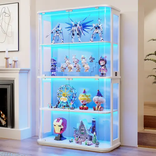 MIIFUNY Large Rounded Display Cabinet with Glass Door, 4-Tier Curio Cabinet with 3 Color Lights for Collectibles, Figures, Glass Display Case with Transparent Full-Display Surface, Human Body Sensor, White