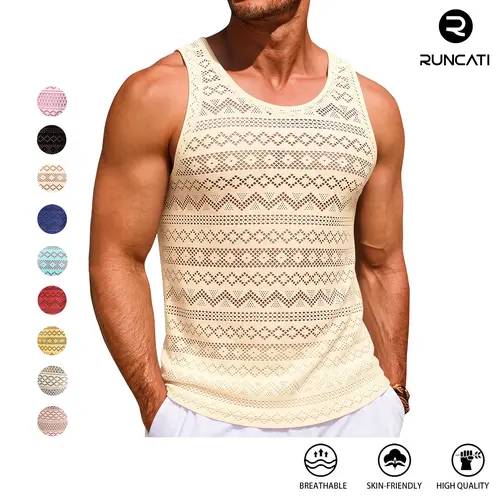 Runcati Mens See Through Vest Crewneck Sleeveless Tank Tops Muscle Sexy Mesh Shirts