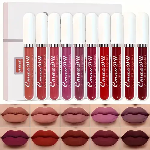 10-Pcs Liquid Matte Lipstick Set - Waterproof, Long-Lasting Lip Color, Vitamin E-Infused Moisturizing Non-Stick Formula, Color Correction Makeup for All Skin Types, Valentine's Day/Mother's Day Gift for Beginners
