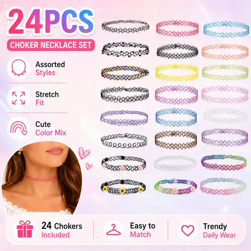 Women's 24pcs Assorted Unisex Vintage Short Velvet Ribbon Mini Choker Necklaces - 24 Different Colors & Shapes, Casual Comfortable Fit, Wedding Pick, Ideal for Mom, Cute Costume Jewelry Accessory, Necklace For Mom, 24 Different Colors And Shapes, Mini Nec