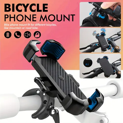 360° Rotating Motorcycle Phone Mount Universal Bike Holder for 4.7–7 Inch Smartphones with Carbon Fiber Texture Easy Clamp Design for Mountain or Road Bikes