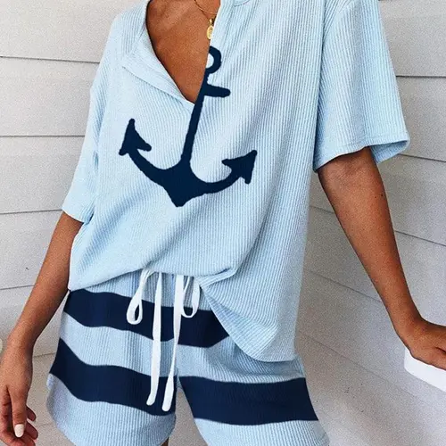 CHICME Women's Boat Anchor Print Striped Short Sleeve Pajamas Set