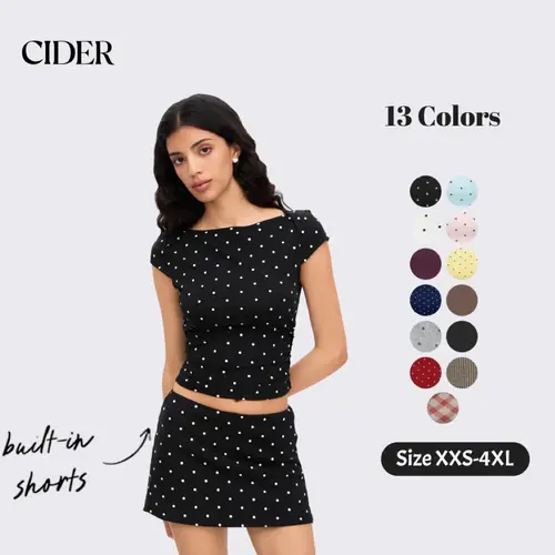 Cider 2-Piece Set Boat Neck Polka Dot Ruched Tee & Micro Mini Skort with Built-in Shorts Fashion Style Women's Summer Sets SummerWins SummerFinds