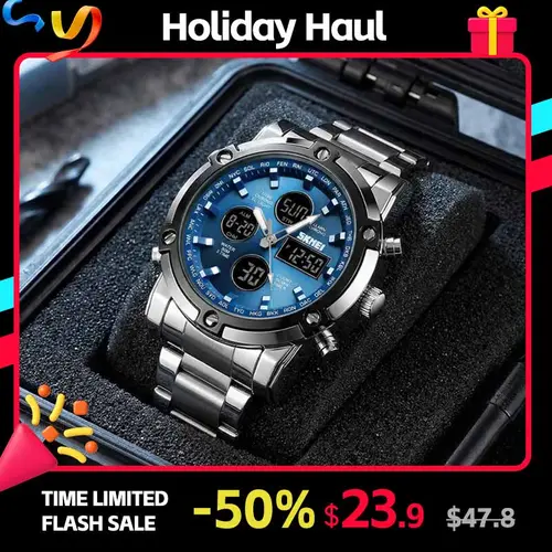 SKMEI Men's Multifunctional Sports Digital Wristwatch with Stainless Steel Strap, 3 Time Zones, Alarm, and 30M Water Resistance