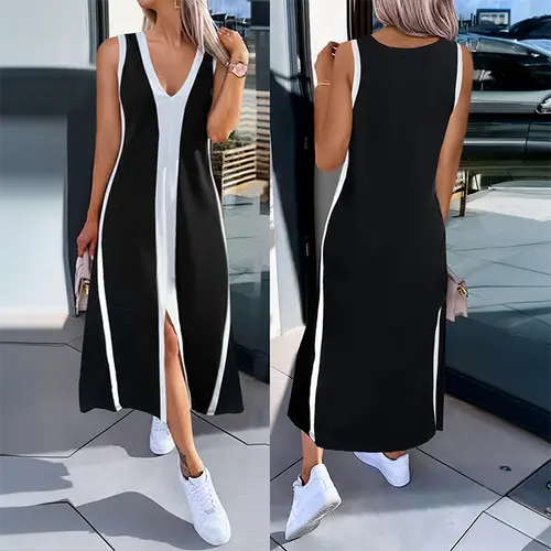 CHICME Women's Striped Plunge Neckline Midi Dress with Slit Detail Casual Loose Fit A Line Sleeveless Dress