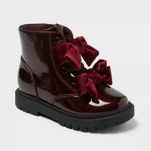 Cat & Jack Toddler Girls' Estes Shimmer Combat Boots - Burgundy Faux Patent Leather with Decorative Bows & Side Zipper