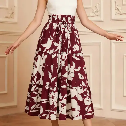 Women's Floral Print Midi Skirt, Elastic Waist Fake Drawstring Design, Elegant Above-The-Knee Half Skirt, Casual Long Skirt, Printed