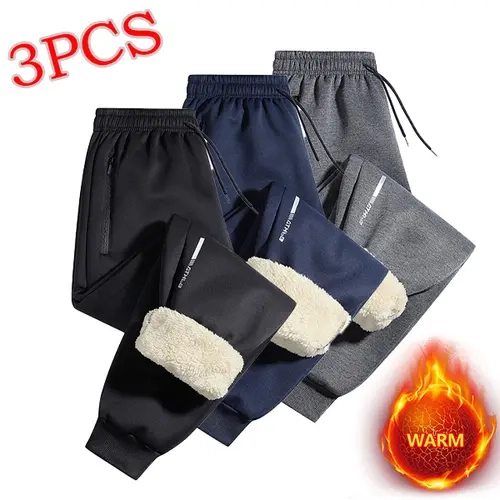 Men's 3-Pc Outfit Set - Fleece-Lined Polyester Print Straight Pants, Ultra-Warm Athletic Bottoms, Street Chic Casual Essential for Easy Layering,sohochic