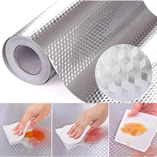 Silver Cube Texture Auto-Adhesive Non-Woven Modern Wallpaper, 15.7x118" Oilproof Shield Heat-Resistant Waterproof Aluminum Foil Backsplash, Cabinet Liner Contact Paper for Kitchen Cabinets