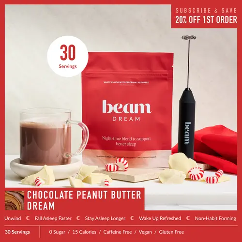 Beam Dream Nighttime Milk Alternative Powder Drink Mix - 30 Servings, White Chocolate Peppermint Flavor, Clean Label Natural Blend Supplement Stack for Adult Better Sleep, Magnesium, L-Theanine, Apigenin, Melatonin, Vegan, Gluten-Free, Dairy Free, Melaton