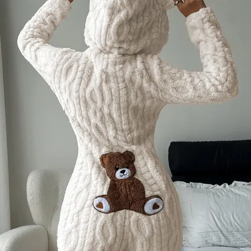 Women's Cute Teddy Bear Embroidered Hooded Fleece Sweatshirt, Casual Comfortable Fashion Design, Perfect Gift for Her, Daily Wear