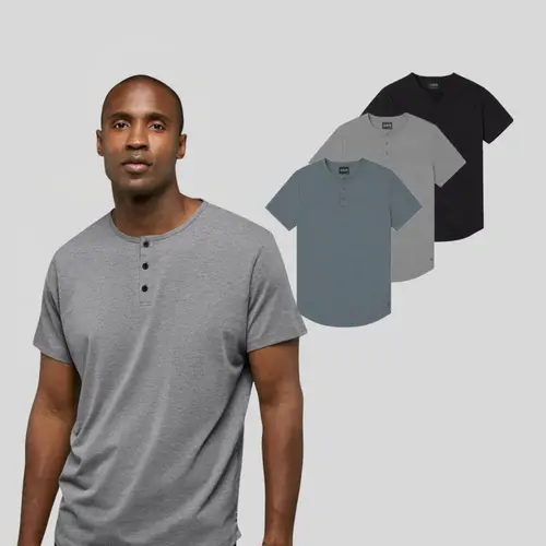 Cuts Menswear Men's Short-Sleeve AO Fitted Henley Shirt with Curve Hem - Anti-Odor Polyester-Cotton-Spandex Blend, Wrinkle-Resistant, Stretch, Casual Plain Top, Tee, 100+ Washes Cert