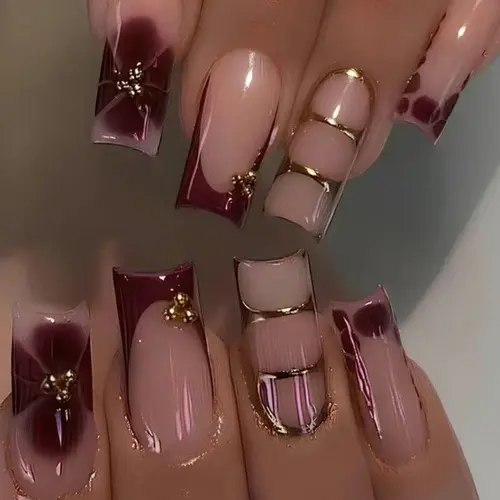 24pcs Medium Square Press-On Fake Nails, French Style, Petal & Leopard Print Design, Nail Charms, Glossy Finish, Easy Wear Acrylic False Nails Set