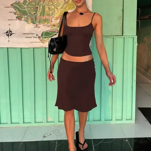 Women's Two-Piece Basic Solid Color Sleeveless Spaghetti Strap Short Cami Top & Skirt Set, Plain Backless Adjustable Strap Outfit for Party, Club and Date, Summer Clothes