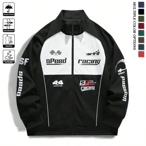 Men's casual stand up collar racing style street style INSY2K jacket, made of durable fabric, decorated with letters and patterns, suitable for cycling, daily wear, sports wear, suitable for spring and summer seasons  Green Stylish Longsleeves
