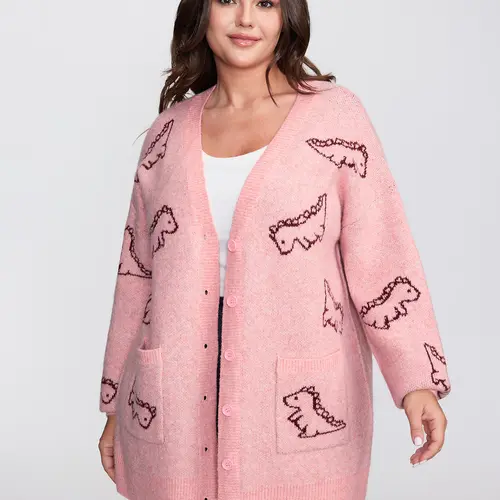 BloomChic Women's Plus Size Knit Cardigan [M-6X] - Cute Jacquard Print V Neck Sweater, Long Sleeve Relaxed Fit Layering Top with Pocket, Casual Summer Everyday Outfit,Summerfinds,back to school,back to school shopping