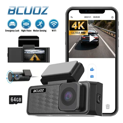 4K Dual Dash Camera for Cars with 64GB SD Card,  WiFi & App Control, Night Vision, Parking Mode, G-Sensor, Loop Recording.
