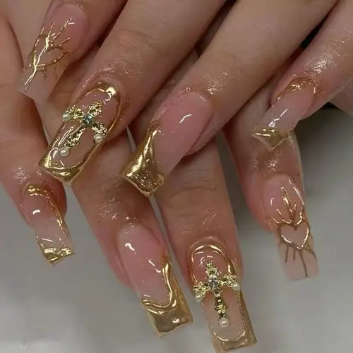 24pcs Medium Long Square French Press-On Nails, Glittering Fake Nails, Glitter Decorative Nails, Mirror Heart Design, Elegant Rhinestone Decorated, Sparkly Rhinestones, Sweet Style Acrylic False Nail Set for Women and Girls