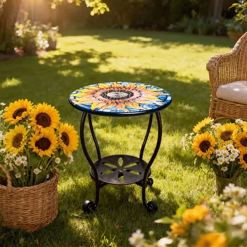 【SohoChic】14 Inch Outdoor Side Table Round Small  Patio Accent Indoor End Plant Metal Coffee Tea Table for Yard Porch Garden Patio Living Room, Bedroom,familyfun