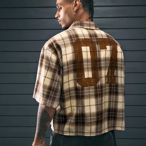 Cropped Plaid Number Graphic Button Down Shirts Short Sleeve Retro Preppy Crop Tops