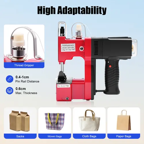 Compact Red Aluminum Alloy Bag Sewing Machine - 110V, 190W, 1800rpm Load Speed, Max 6mm Thickness, 0.15-0.39in Pin Rail Distance, 1 Power Cord, 2.9kg, 25*25*8cm, Full Accessories, 1 Timing Belt - No Battery, For Large Factory Warehouses, Express Logistics