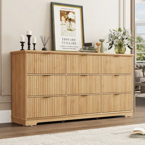 Fluted Dresser for Bedroom, Wood Dresser with Power Outlet and Deep Drawers, Wide Chest of Drawers, Modern Closet Dressers for Bedroom, Living Room, Nursery, Oak/Brown