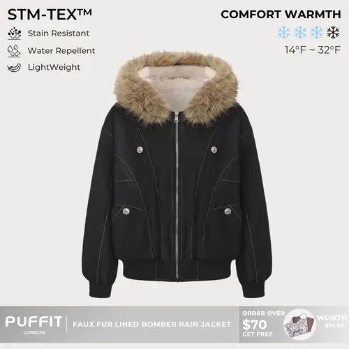 PUFFIT STM-TEX Faux Fur Lined Waterproof Bomber Jacket With Faux Fur Collar Hood,Elegant And Sophisticated,Enhances Warmth,Soft And Warm,Style And Practicality,Y2K Style,Fall Winter Coat,2026 Shopping