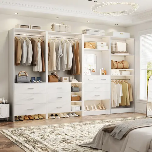 104''W Set of 4 Closet System with 10 Wooden Drawers and Hanging Rods, Freestanding Closet Organizer Set with Mirror and Multiple Adjustable Shelves Wardrobe Storage Unit Wood Armoire,dorm essentials,home decor