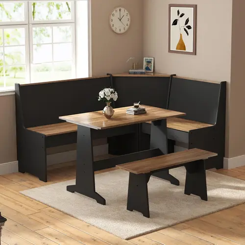 [Ships in 2 Boxes] AMERLIFE 3-Piece Breakfast Nook Dining Set, L-Shaped Corner Bench with Hidden Storage, Space-Saving Kitchen Table Set for Small Spaces, Black & Oak[tiktokshopbacktoschool][SohoChic]