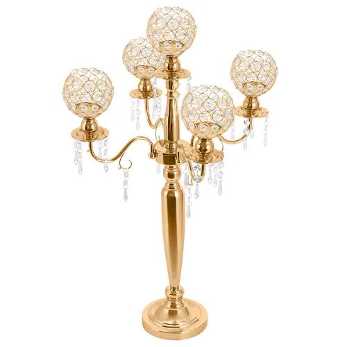 Gold Candle Holders Set of 4 - 5-Arm Crystal Columnar Freestanding Iron Acrylic for 1.97in Flameless Use, Home & Wedding, Restaurant, Hotel, Study Interior Decoration Accessories