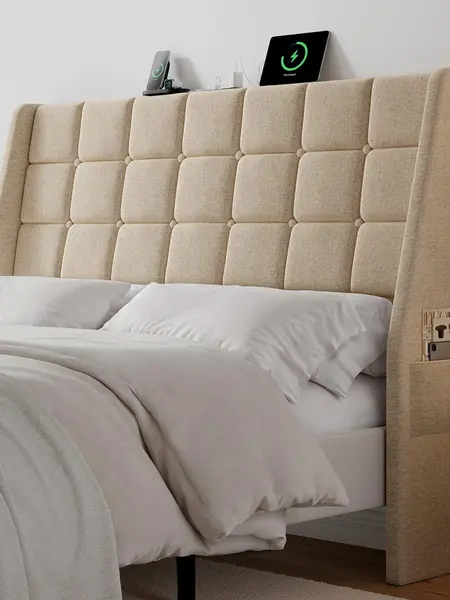 【SummerFinds】ONBRILL Ergonomic Upholstered Full/Queen Size Headboard w/Charging Station, Linen Wingback Headboards w/Storage Pocket, Full Headboard Only, Bed Frame Adapters, Sturdy Solid Wood Bed Head Board