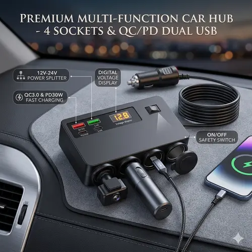 Nuokaiqi 4-Sockets Car Accessories Cigarette Lighter Splitter 120W, Multi-Port Expand Multidevice Power PD/QC 3.0 Fast Charge Adapter with Independent Switches for 12V/24V GPS, Dash Cam, Phone (Road Trip Essential)