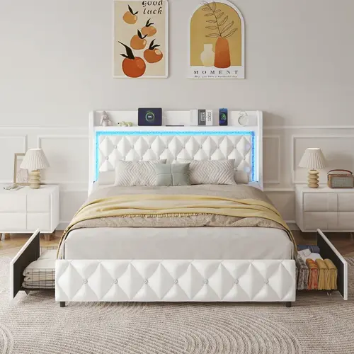 Queen /Full/Twin Bed Frame with LED Lights & Charging Station, Upholstered Bed Frame Full Size with Storage Headboard & 2 Drawers, Diamond Tufted, Curved Wingback, PU Leather, No Box Spring Needed, White/Pink